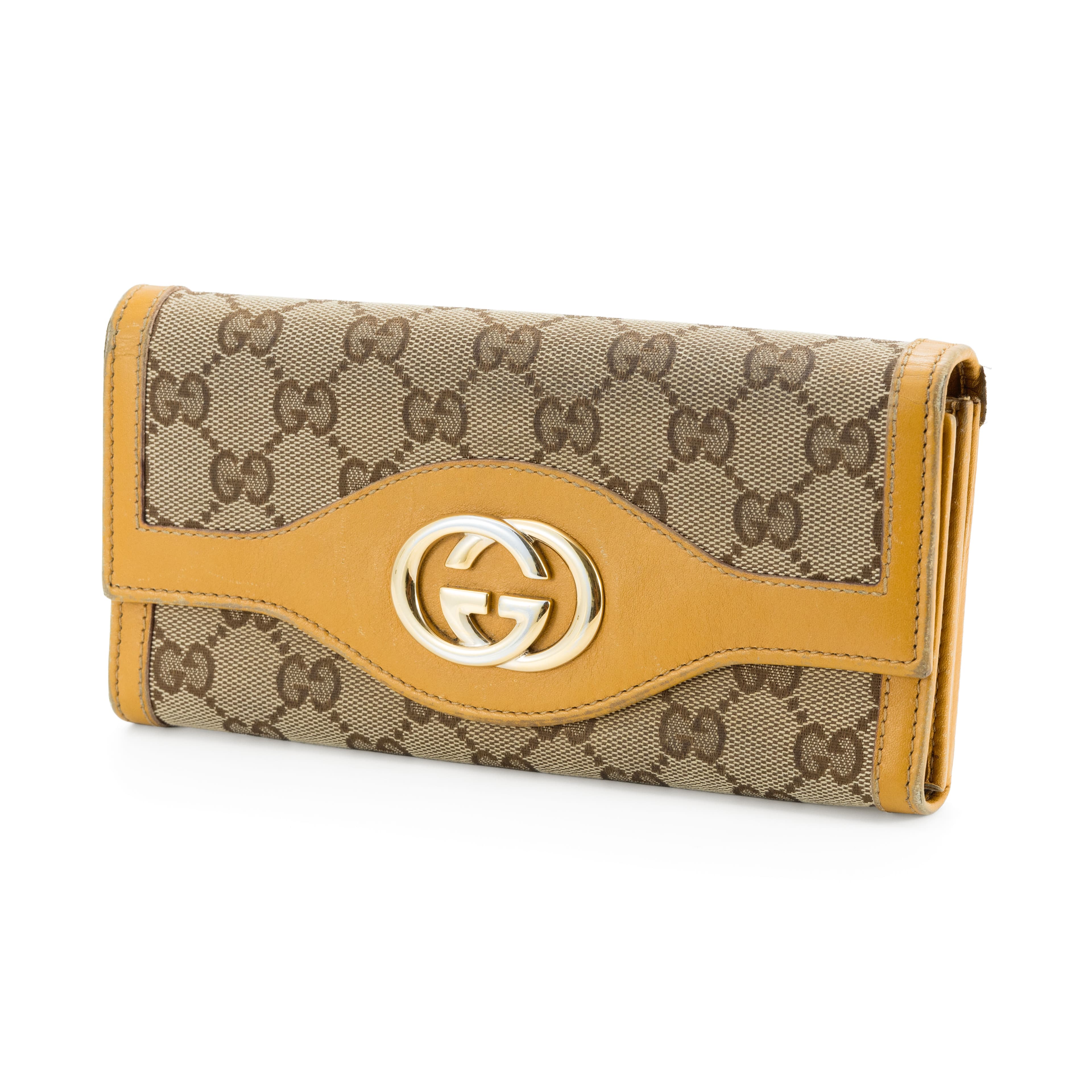 Authentic Gucci Vintage GG Canvas Interlocking G Continental Flap Wallet Yellow