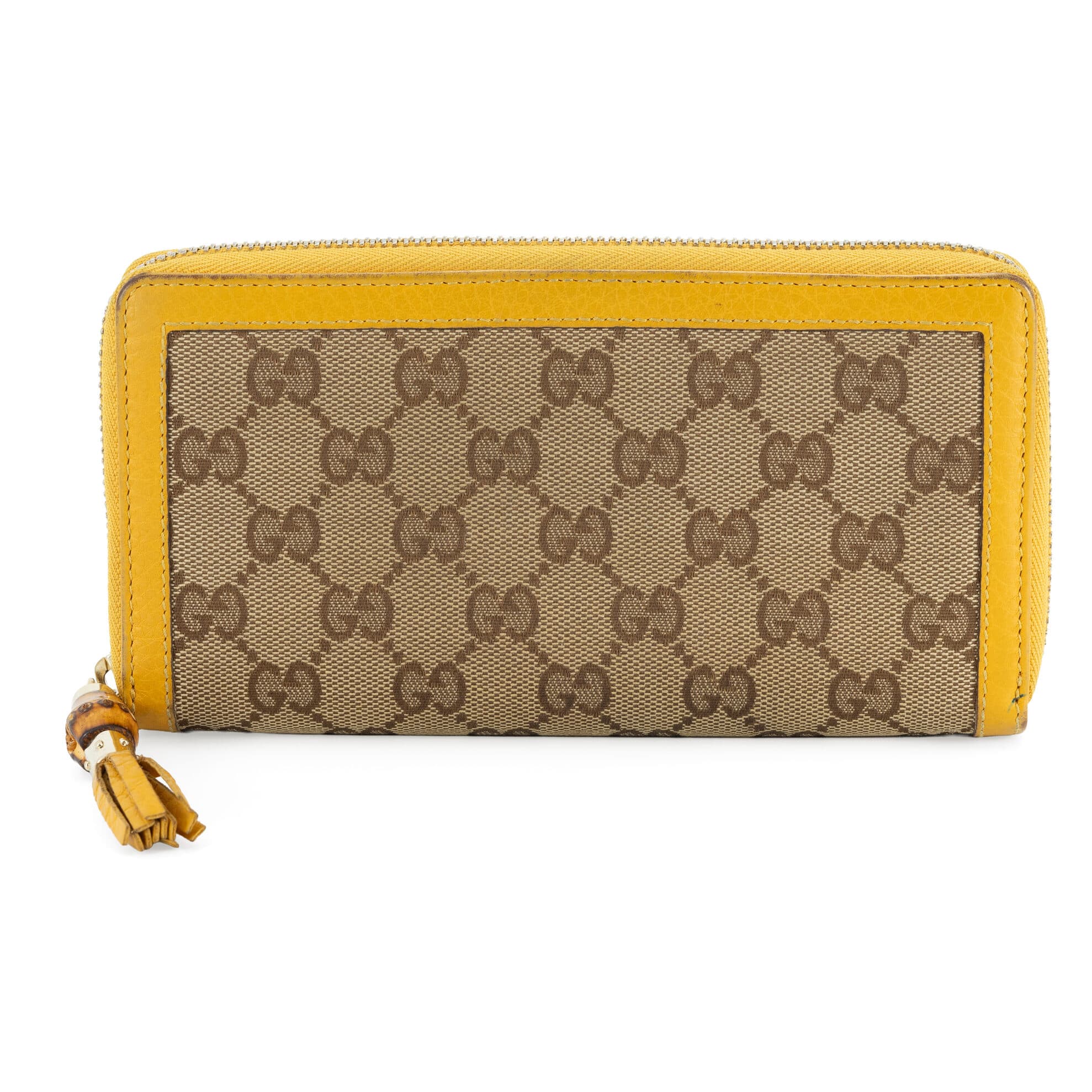 Authentic Gucci GG Canvas Bamboo Tassel Zip Around Wallet Yellow Leather Long
